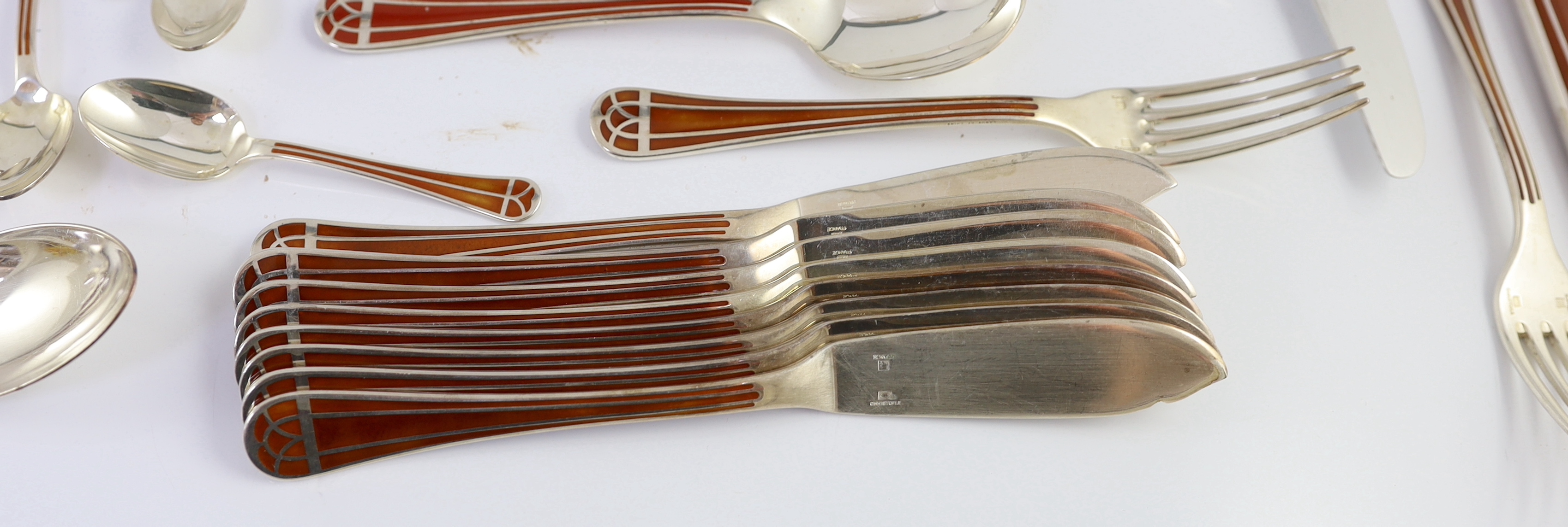 An almost complete canteen of modern Christofle silver plated and Chinese brown lacquer Talisman pattern cutlery for eight, designed by Bernard Yot